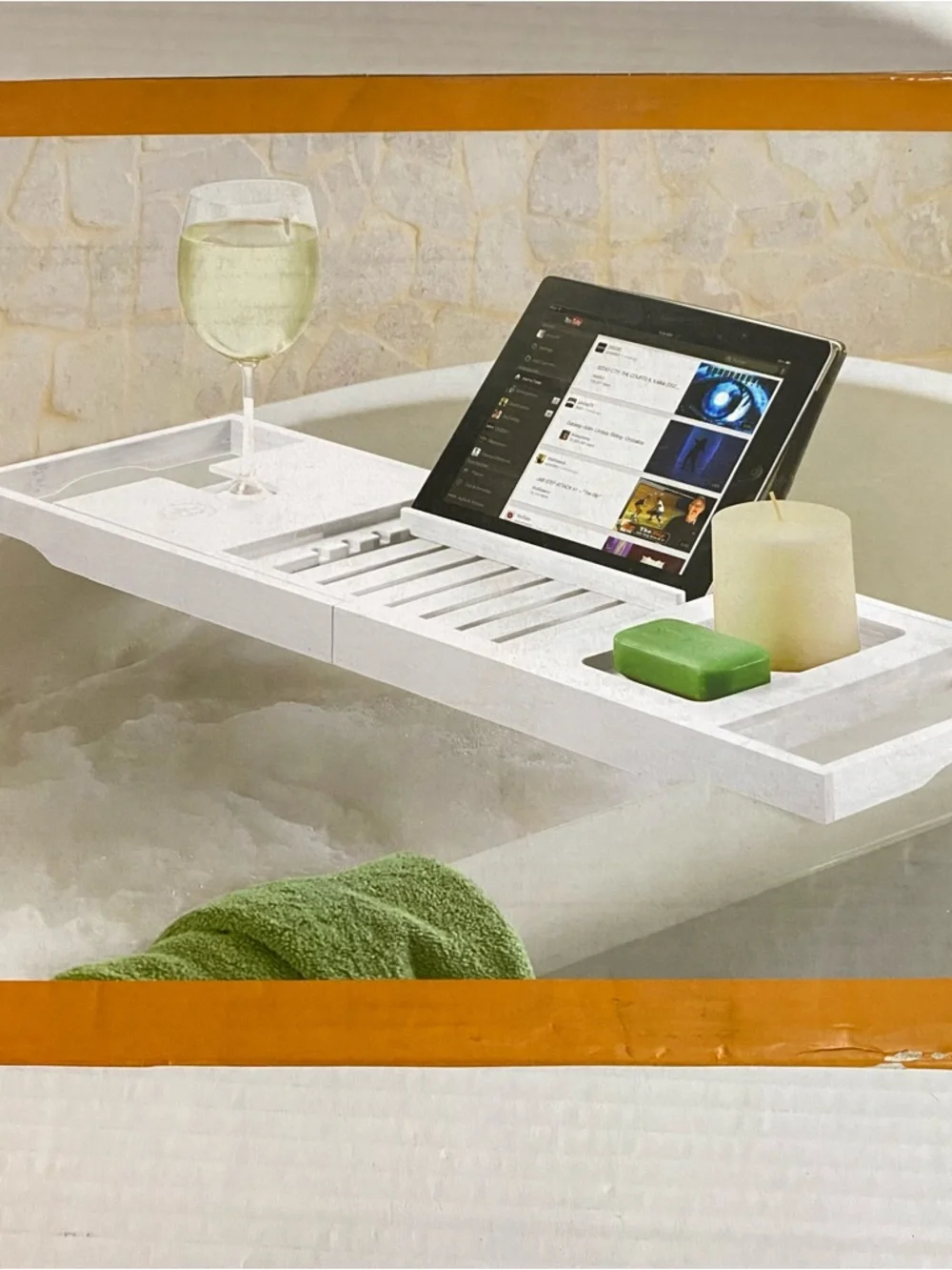 White Expandable Bathtub Tray Caddy with Tablet Holder